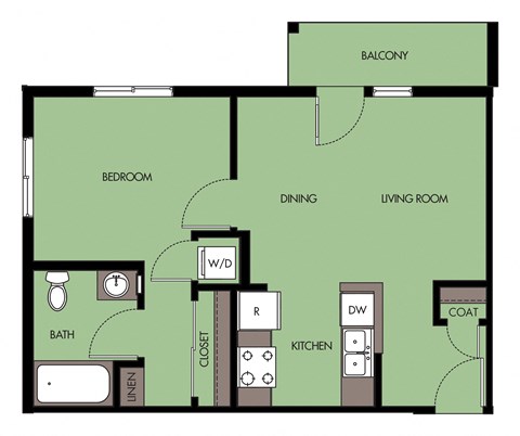 Floor plan for 1 bed, 1 bath, 587 sqft